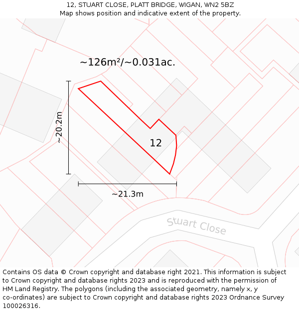 12, STUART CLOSE, PLATT BRIDGE, WIGAN, WN2 5BZ: Plot and title map