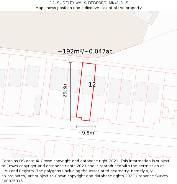 12, SUDELEY WALK, BEDFORD, MK41 8HS: Plot and title map