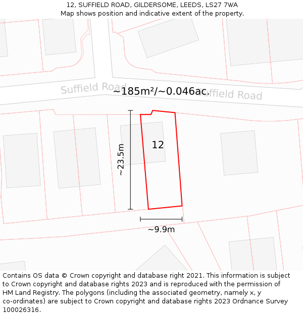 12, SUFFIELD ROAD, GILDERSOME, LEEDS, LS27 7WA: Plot and title map