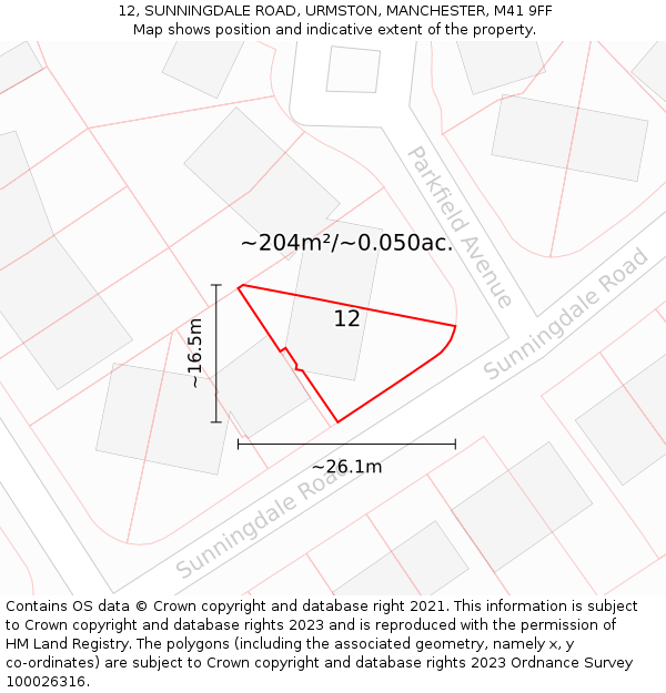 12, SUNNINGDALE ROAD, URMSTON, MANCHESTER, M41 9FF: Plot and title map