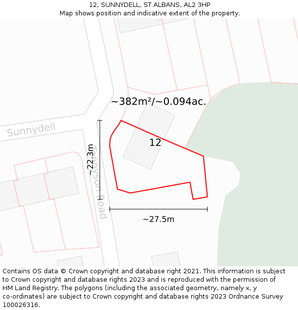 12, SUNNYDELL, ST ALBANS, AL2 3HP: Plot and title map