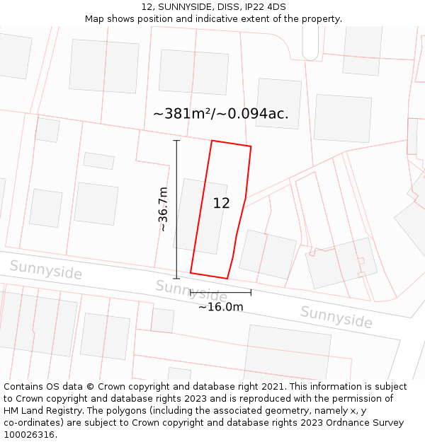 12, SUNNYSIDE, DISS, IP22 4DS: Plot and title map