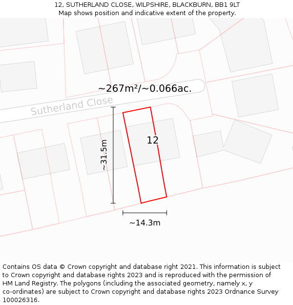 12, SUTHERLAND CLOSE, WILPSHIRE, BLACKBURN, BB1 9LT: Plot and title map