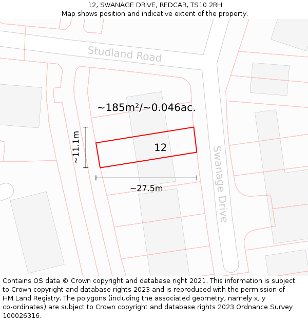 12, SWANAGE DRIVE, REDCAR, TS10 2RH: Plot and title map