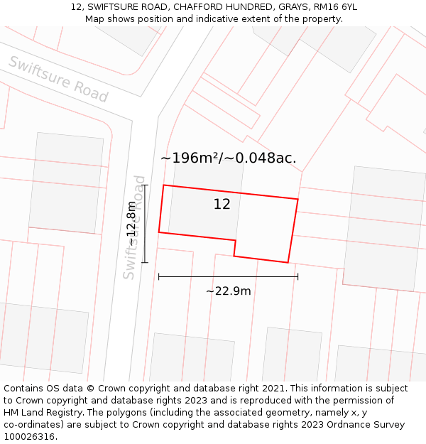 12, SWIFTSURE ROAD, CHAFFORD HUNDRED, GRAYS, RM16 6YL: Plot and title map