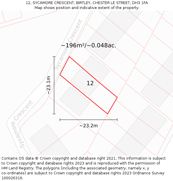 12, SYCAMORE CRESCENT, BIRTLEY, CHESTER LE STREET, DH3 1FA: Plot and title map