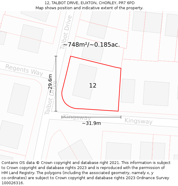 12, TALBOT DRIVE, EUXTON, CHORLEY, PR7 6PD: Plot and title map