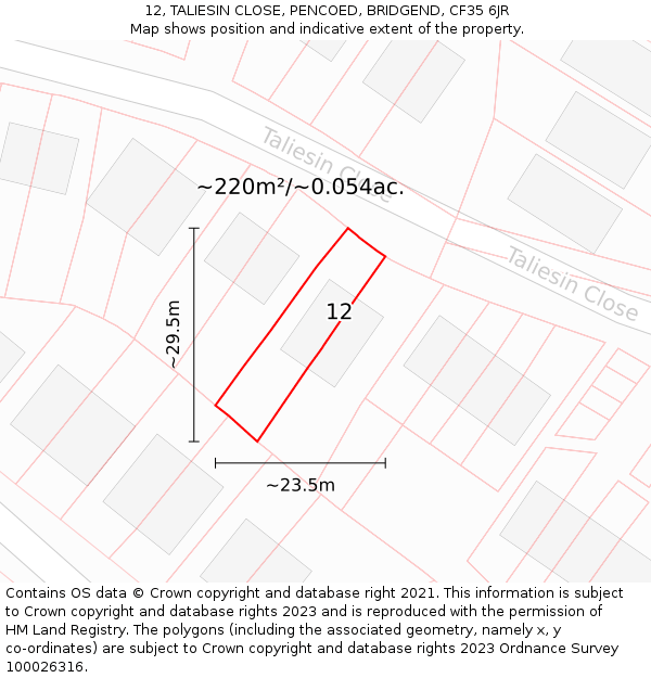 12, TALIESIN CLOSE, PENCOED, BRIDGEND, CF35 6JR: Plot and title map