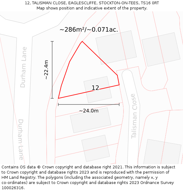 12, TALISMAN CLOSE, EAGLESCLIFFE, STOCKTON-ON-TEES, TS16 0RT: Plot and title map