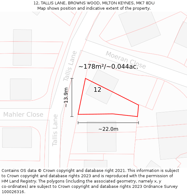 12, TALLIS LANE, BROWNS WOOD, MILTON KEYNES, MK7 8DU: Plot and title map