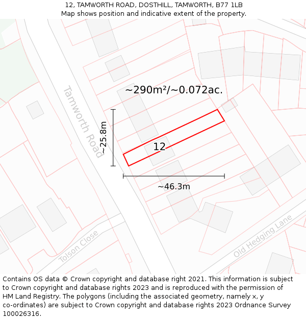 12, TAMWORTH ROAD, DOSTHILL, TAMWORTH, B77 1LB: Plot and title map