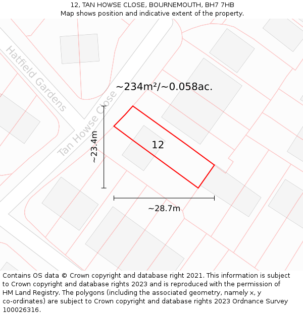 12, TAN HOWSE CLOSE, BOURNEMOUTH, BH7 7HB: Plot and title map