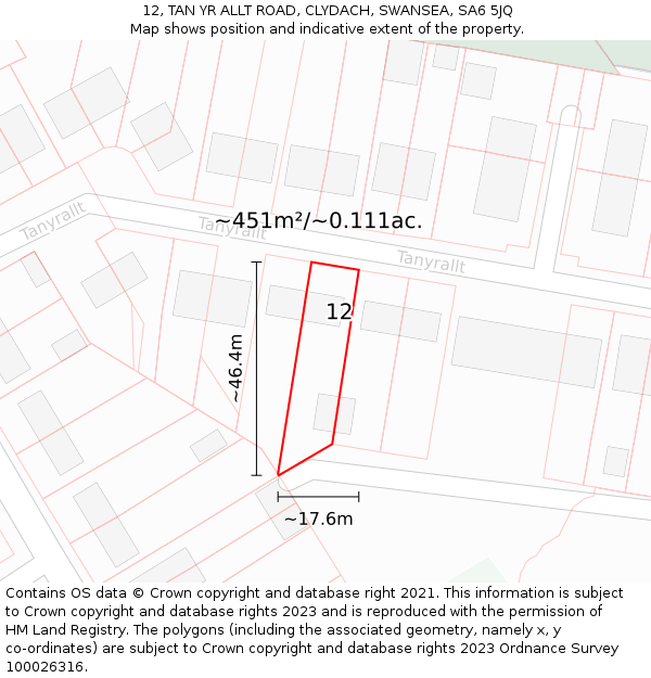 12, TAN YR ALLT ROAD, CLYDACH, SWANSEA, SA6 5JQ: Plot and title map