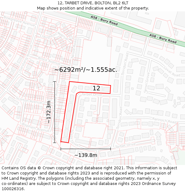 12, TARBET DRIVE, BOLTON, BL2 6LT: Plot and title map