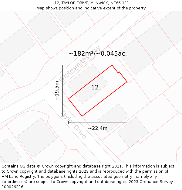 12, TAYLOR DRIVE, ALNWICK, NE66 1FF: Plot and title map