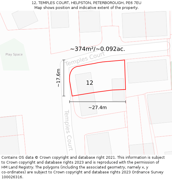 12, TEMPLES COURT, HELPSTON, PETERBOROUGH, PE6 7EU: Plot and title map