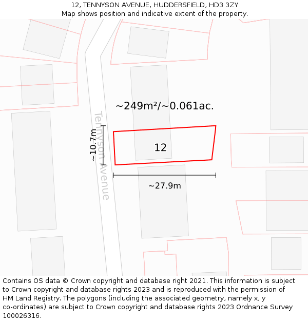 12, TENNYSON AVENUE, HUDDERSFIELD, HD3 3ZY: Plot and title map