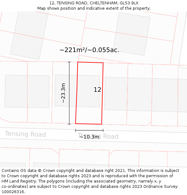 12, TENSING ROAD, CHELTENHAM, GL53 9LX: Plot and title map