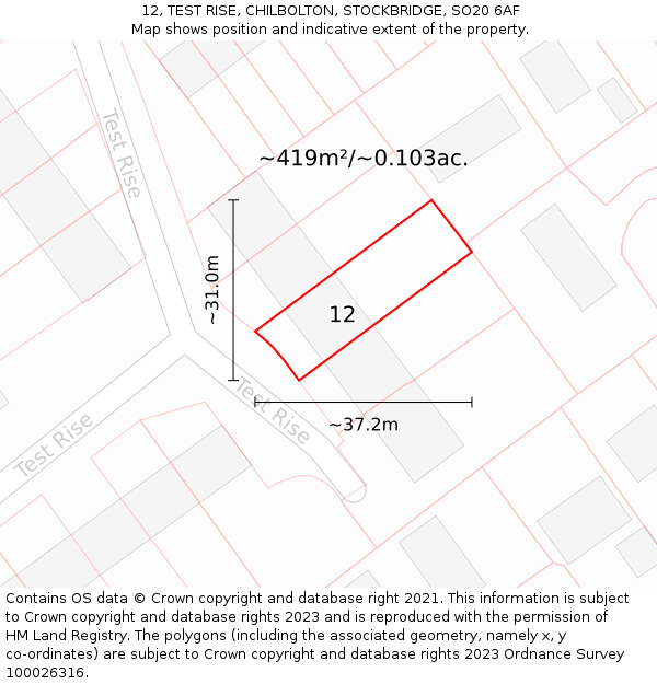 12, TEST RISE, CHILBOLTON, STOCKBRIDGE, SO20 6AF: Plot and title map