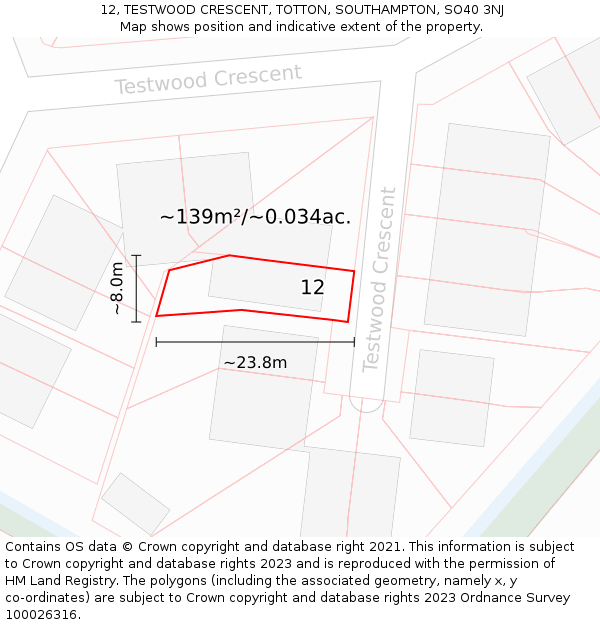 12, TESTWOOD CRESCENT, TOTTON, SOUTHAMPTON, SO40 3NJ: Plot and title map