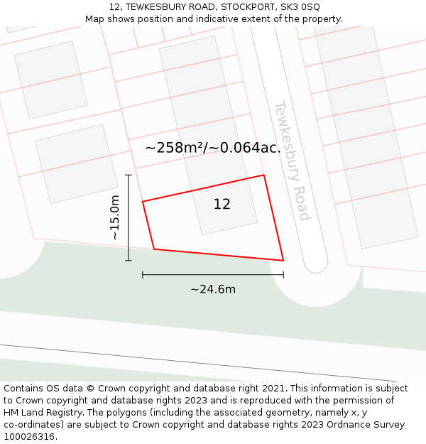 12, TEWKESBURY ROAD, STOCKPORT, SK3 0SQ: Plot and title map