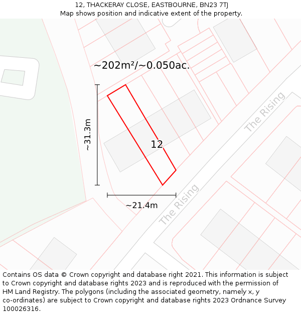 12, THACKERAY CLOSE, EASTBOURNE, BN23 7TJ: Plot and title map