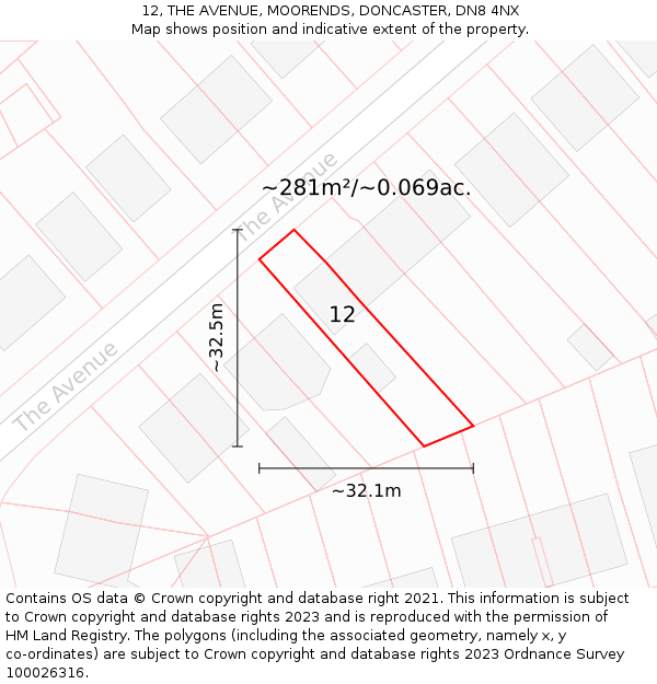 12, THE AVENUE, MOORENDS, DONCASTER, DN8 4NX: Plot and title map