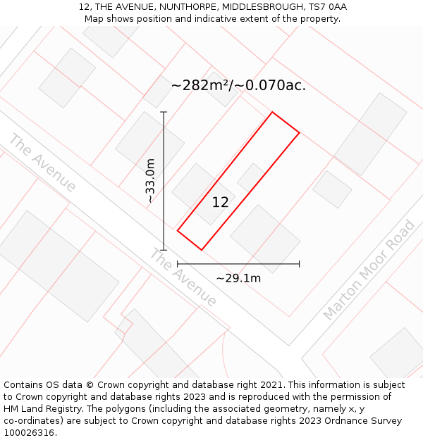 12, THE AVENUE, NUNTHORPE, MIDDLESBROUGH, TS7 0AA: Plot and title map