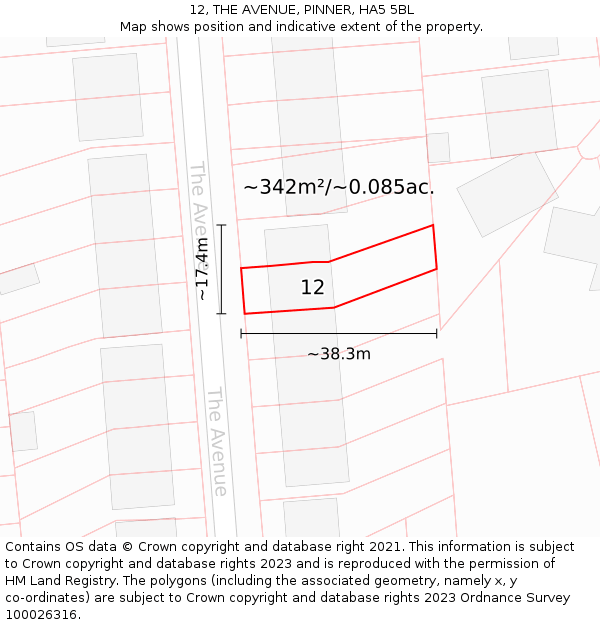 12, THE AVENUE, PINNER, HA5 5BL: Plot and title map