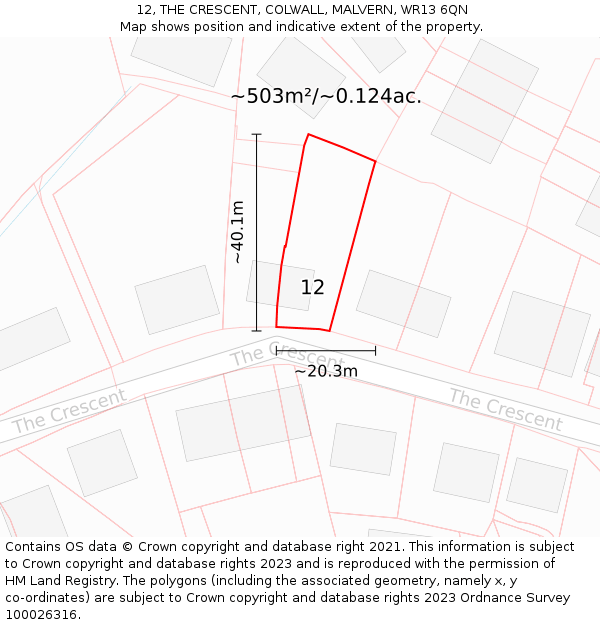 12, THE CRESCENT, COLWALL, MALVERN, WR13 6QN: Plot and title map