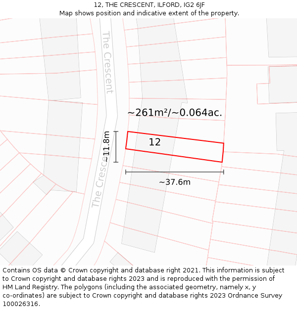 12, THE CRESCENT, ILFORD, IG2 6JF: Plot and title map