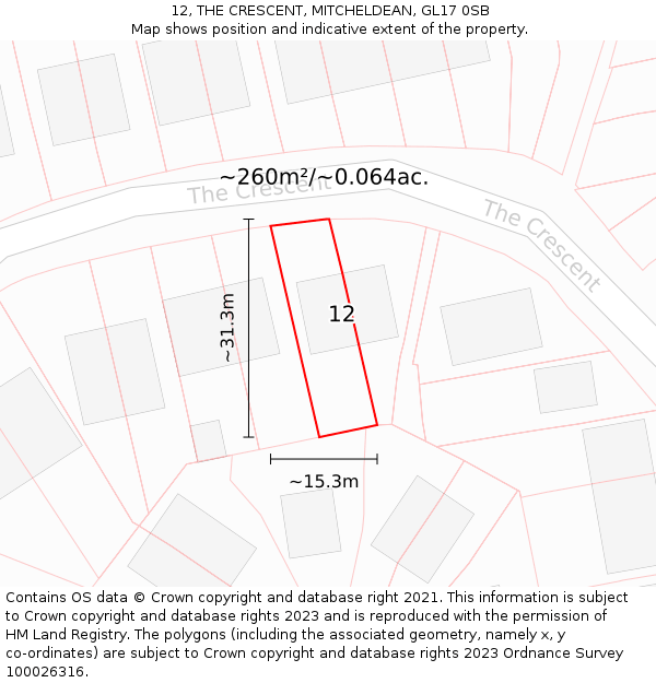 12, THE CRESCENT, MITCHELDEAN, GL17 0SB: Plot and title map