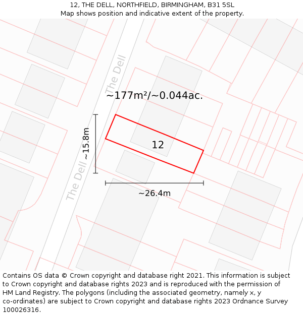 12, THE DELL, NORTHFIELD, BIRMINGHAM, B31 5SL: Plot and title map