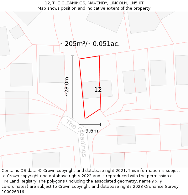 12, THE GLEANINGS, NAVENBY, LINCOLN, LN5 0TJ: Plot and title map