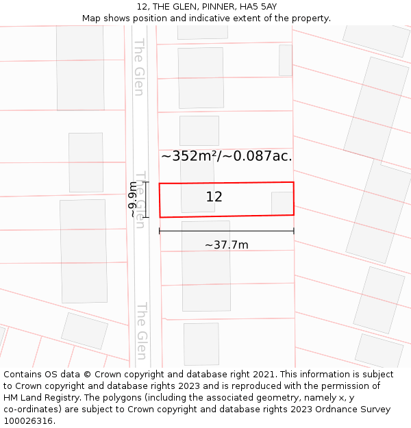 12, THE GLEN, PINNER, HA5 5AY: Plot and title map