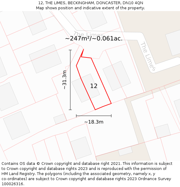 12, THE LIMES, BECKINGHAM, DONCASTER, DN10 4QN: Plot and title map