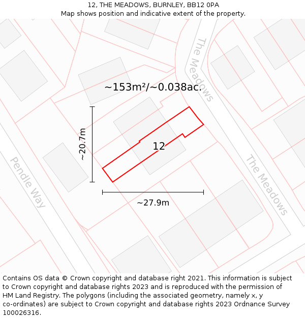 12, THE MEADOWS, BURNLEY, BB12 0PA: Plot and title map