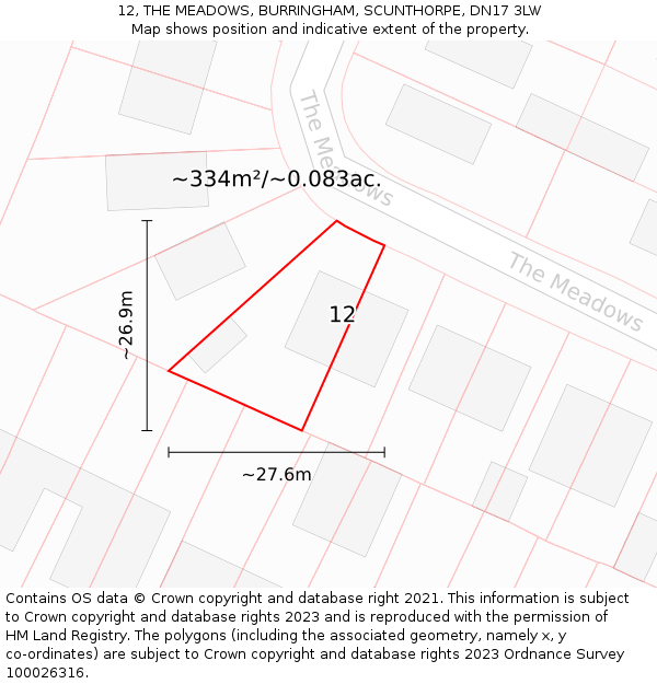 12, THE MEADOWS, BURRINGHAM, SCUNTHORPE, DN17 3LW: Plot and title map