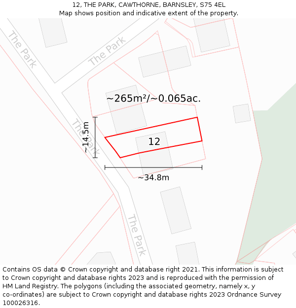 12, THE PARK, CAWTHORNE, BARNSLEY, S75 4EL: Plot and title map