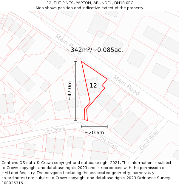 12, THE PINES, YAPTON, ARUNDEL, BN18 0EG: Plot and title map