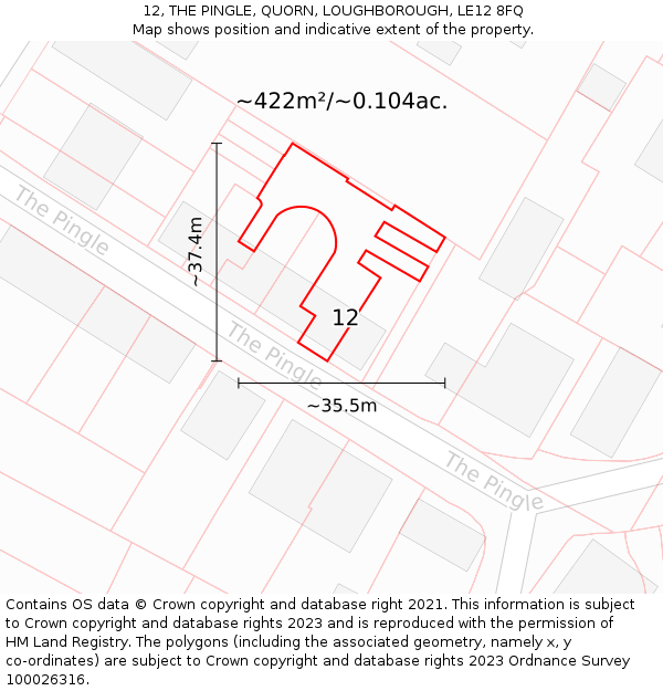 12, THE PINGLE, QUORN, LOUGHBOROUGH, LE12 8FQ: Plot and title map