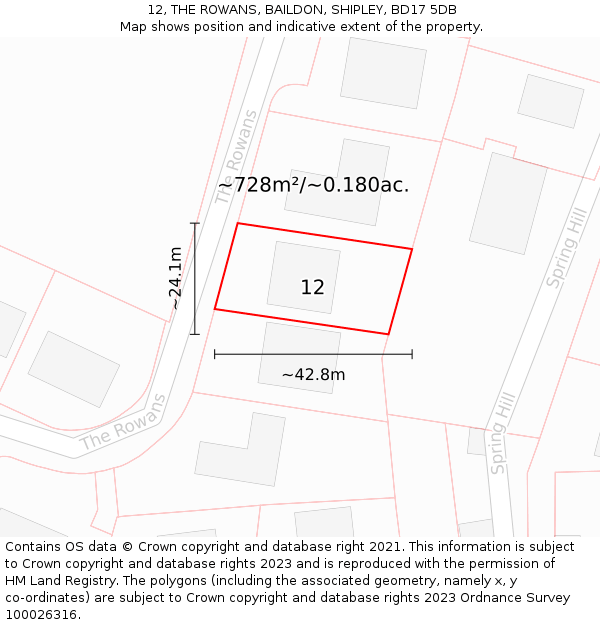 12, THE ROWANS, BAILDON, SHIPLEY, BD17 5DB: Plot and title map