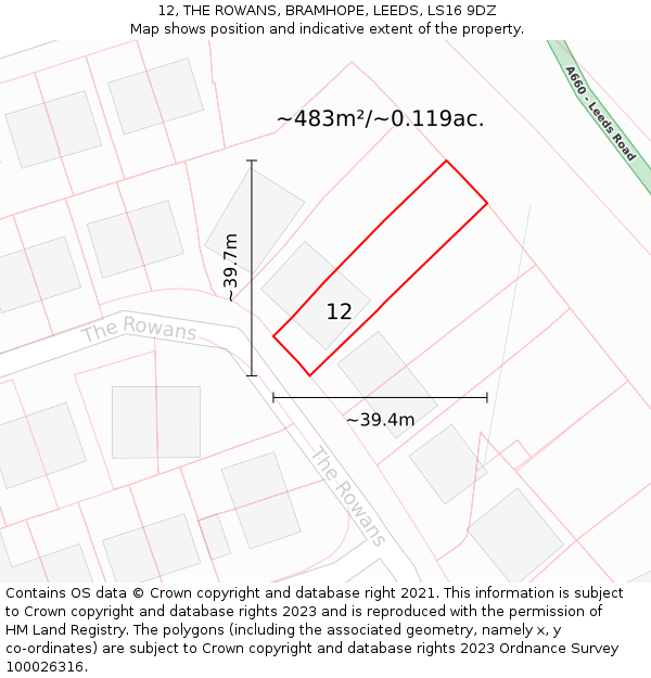 12, THE ROWANS, BRAMHOPE, LEEDS, LS16 9DZ: Plot and title map