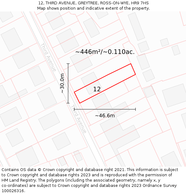 12, THIRD AVENUE, GREYTREE, ROSS-ON-WYE, HR9 7HS: Plot and title map