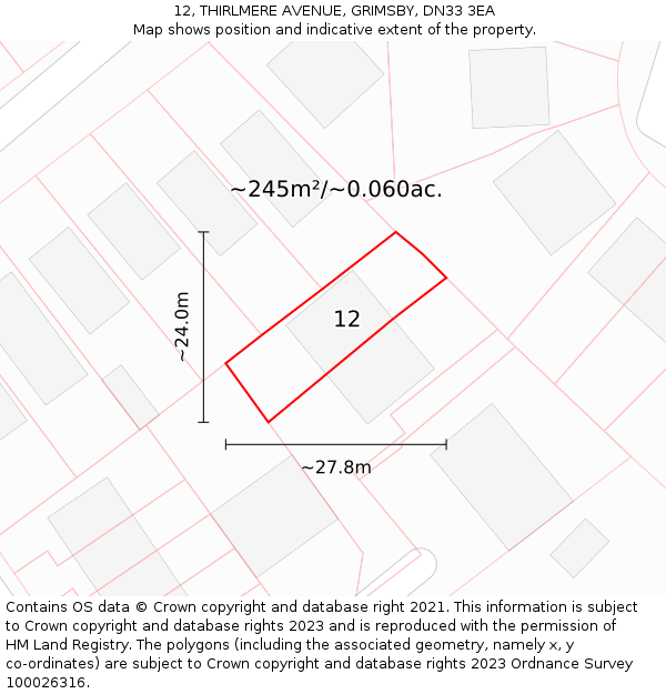 12, THIRLMERE AVENUE, GRIMSBY, DN33 3EA: Plot and title map