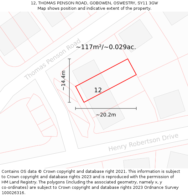 12, THOMAS PENSON ROAD, GOBOWEN, OSWESTRY, SY11 3GW: Plot and title map