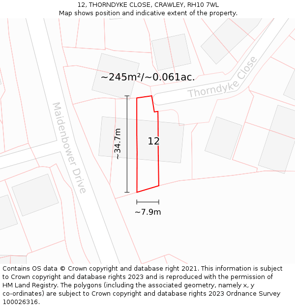 12, THORNDYKE CLOSE, CRAWLEY, RH10 7WL: Plot and title map