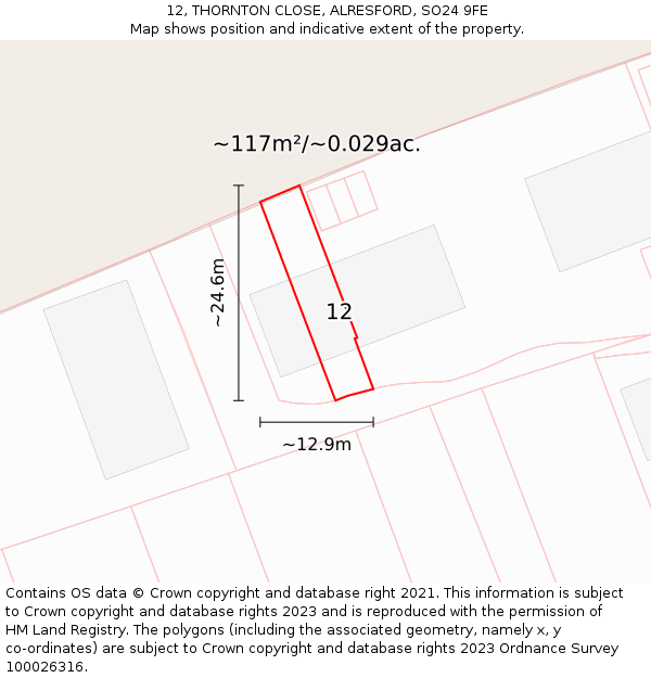 12, THORNTON CLOSE, ALRESFORD, SO24 9FE: Plot and title map