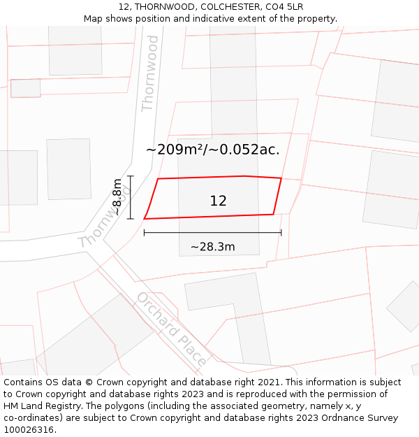 12, THORNWOOD, COLCHESTER, CO4 5LR: Plot and title map