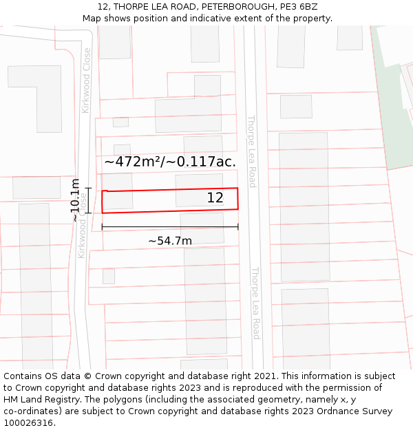 12, THORPE LEA ROAD, PETERBOROUGH, PE3 6BZ: Plot and title map